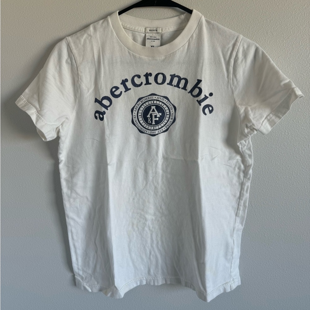 Vintage Abercrombie & Fitch Graphic T-Shirt White and Navy Blue Kids Sz XL